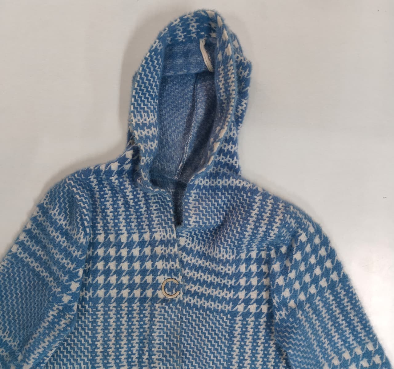 Women’s Hooded Longcoat -  Sky Blue & White Checkered (XXL)